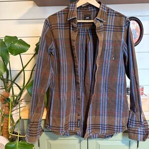 Vans Classic Fit Brown & Blue Plaid Button-Down Flannel Shirt – Size Small